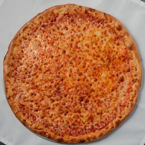 A whole Beach Pizza cheese pizza with a golden crust and melted, bubbly cheese.